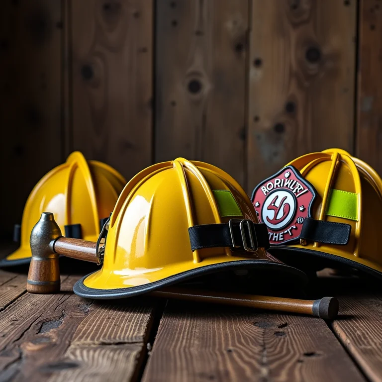 Equipamentos de bombeiro organizados em uma superfície de madeira