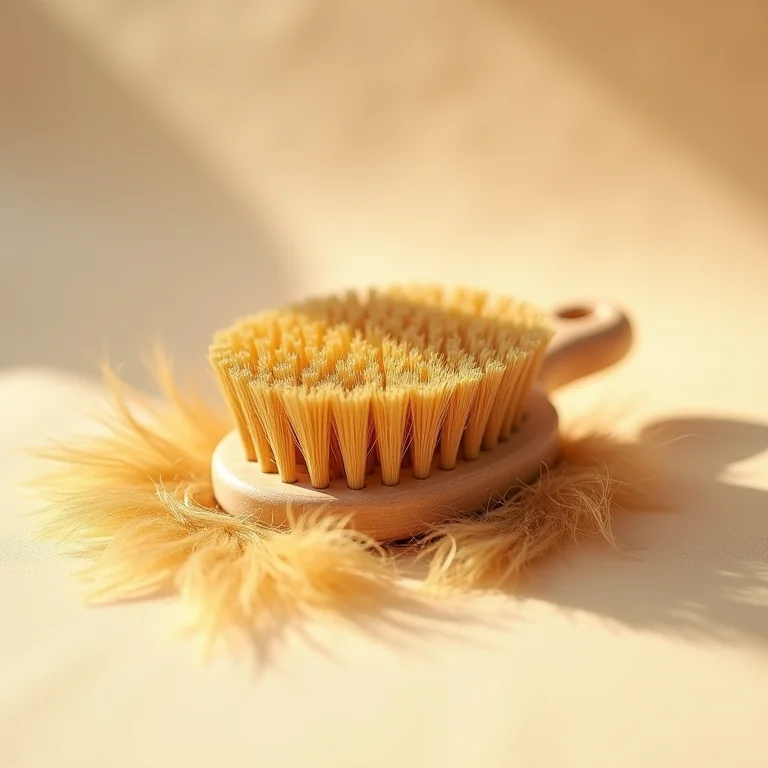 Escova de cerdas para cães cercada por pelos dourados soltos.