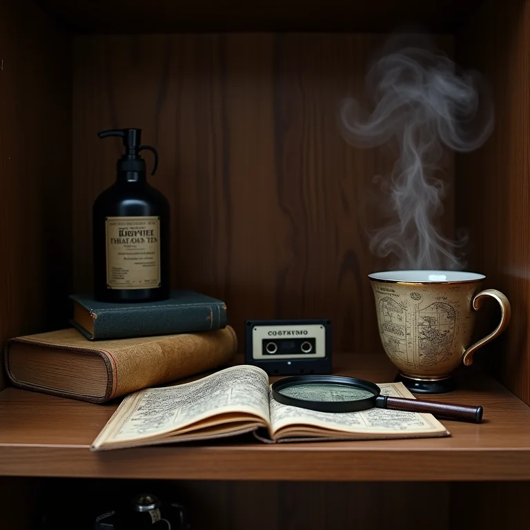 Estante organizada com itens relacionados a séries de mistério.