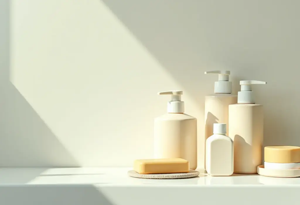 Estoque organizado de produtos de higiene pessoal em banheiro iluminado