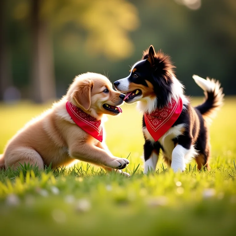 Filhote de Golden Retriever brincando com Border Collie