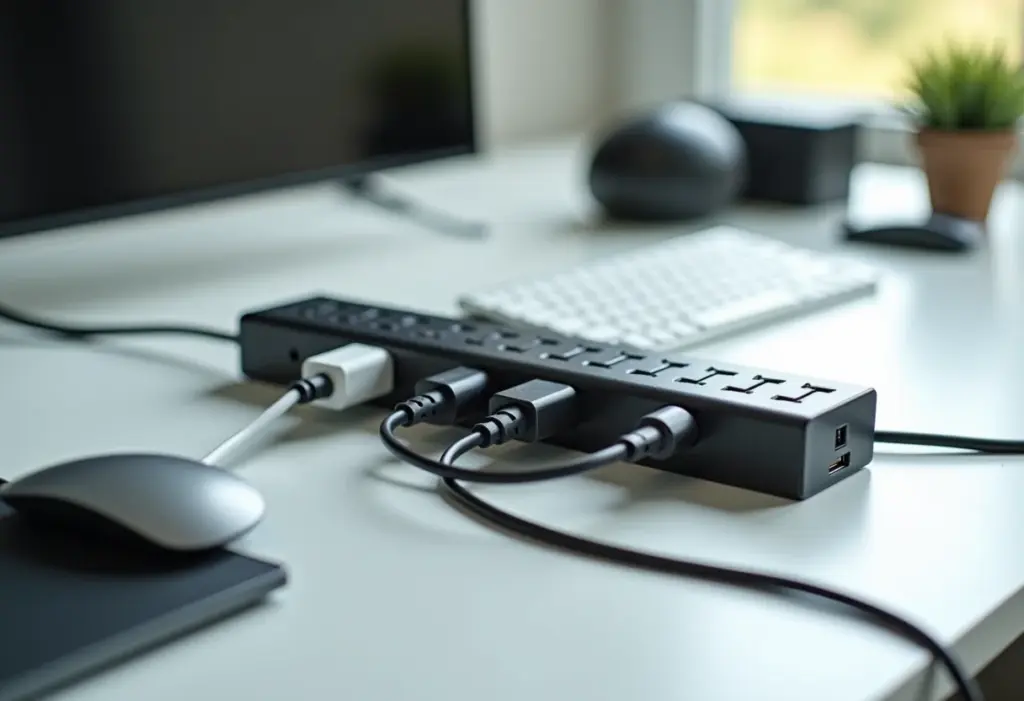 Filtro de linha protegendo eletrônicos em uma mesa moderna