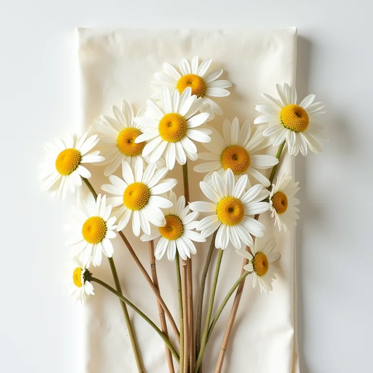 Flores de camomila secas dispostas artisticamente em tecido de linho
