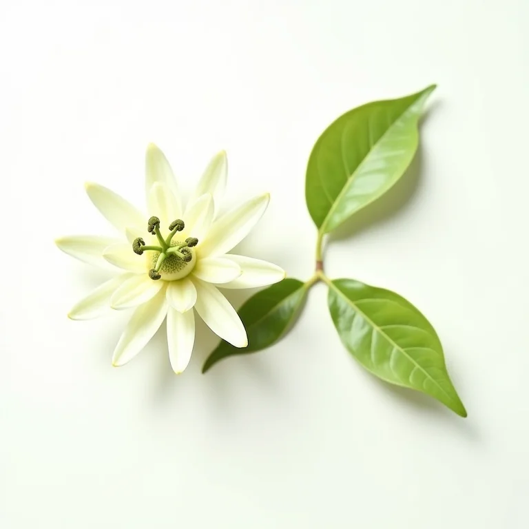 Flores e folhas frescas de passiflora (maracujá) em fundo branco