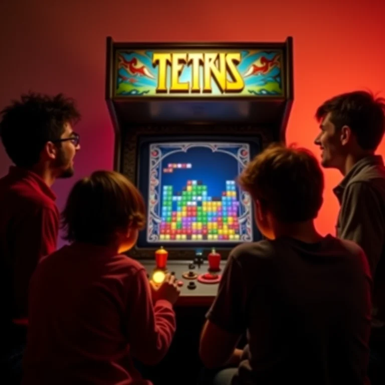 Gabinete de arcade vintage com Tetris e jogadores animados.