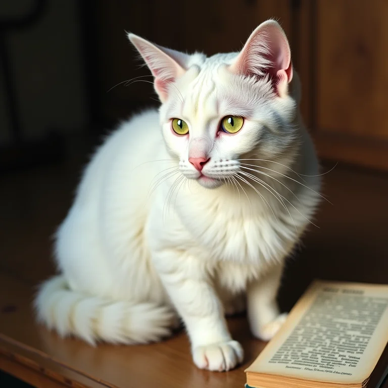 Gata branca ao lado de dicionário de francês