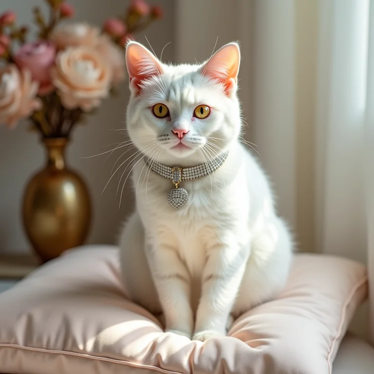 Gata branca com coleira de diamantes e travesseiro de seda