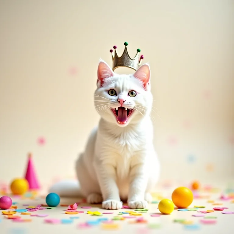 Gata branca divertida com coroa e confetes