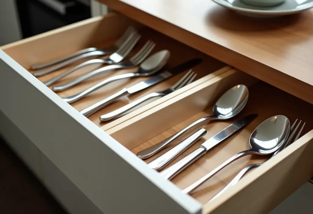 Gaveta de talheres organizada com divisórias minimalistas