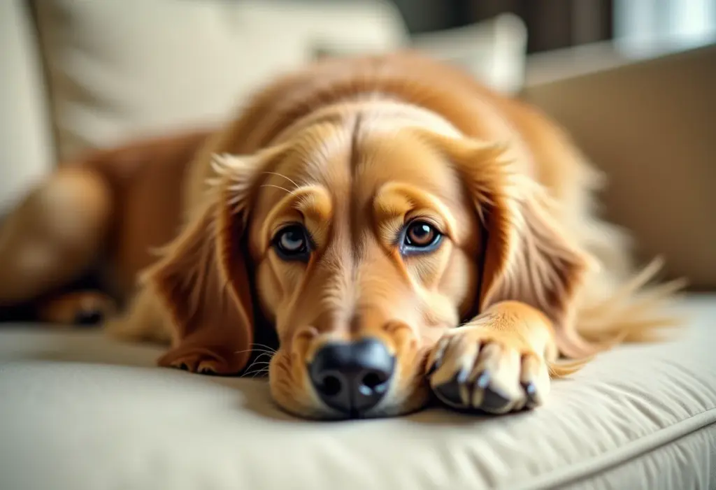 Golden Retriever relaxando em um sofá claro, com foco na pelagem dourada.