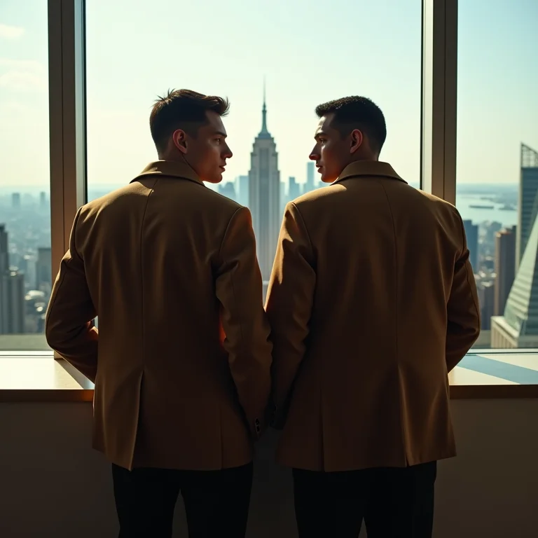 Gru e Dru lado a lado, usando roupas similares, com a cidade ao fundo.