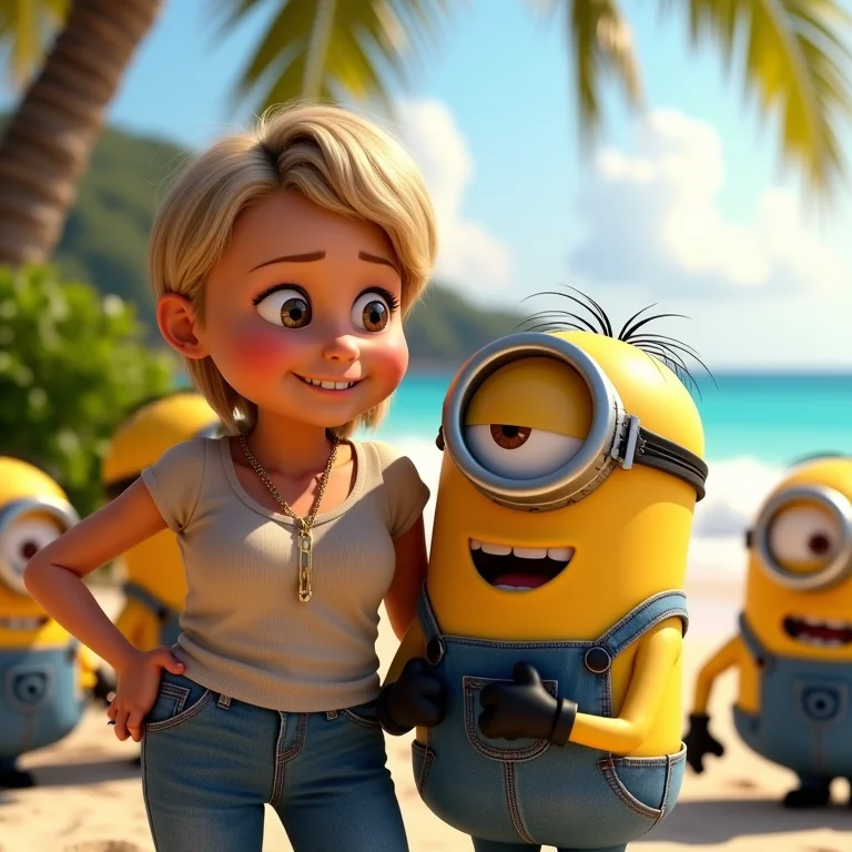 Gru e Lucy juntos com os Minions em uma praia tropical.