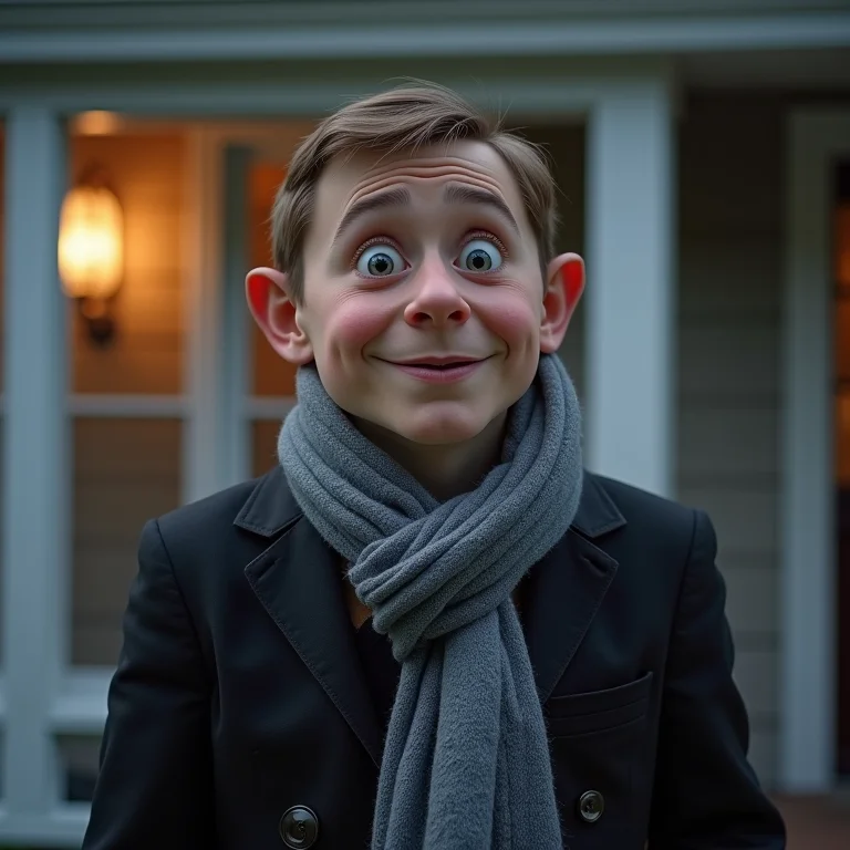 Gru em frente à sua casa com seu cachecol cinza, com olhar travesso.