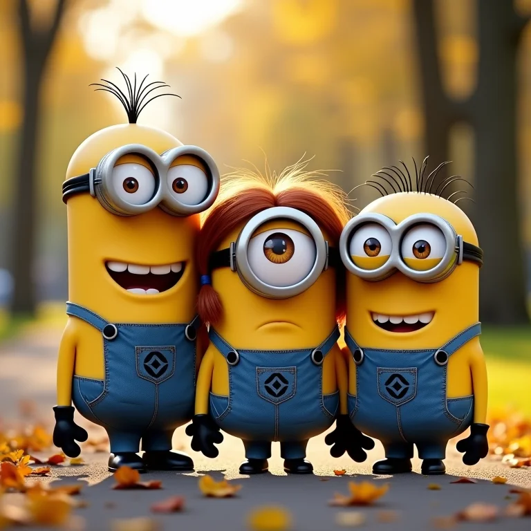 Gru, Lucy, as meninas e os Minions posando como uma família feliz.