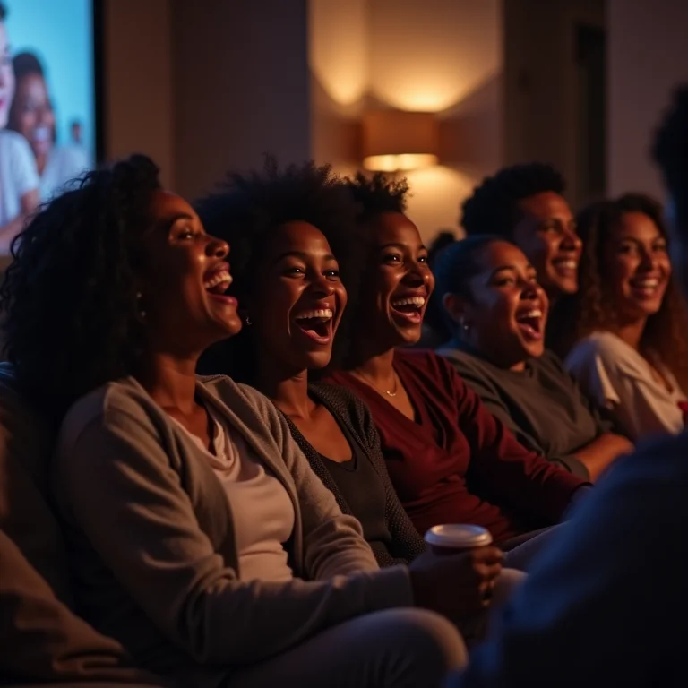 Grupo de amigos diversos assistindo filme com mini projetor