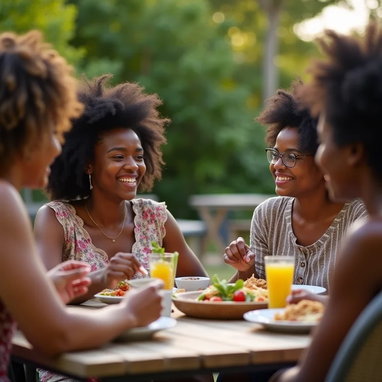 Grupo de amigos diversos reunidos em volta de mesa de jardim com assentos confortáveis.