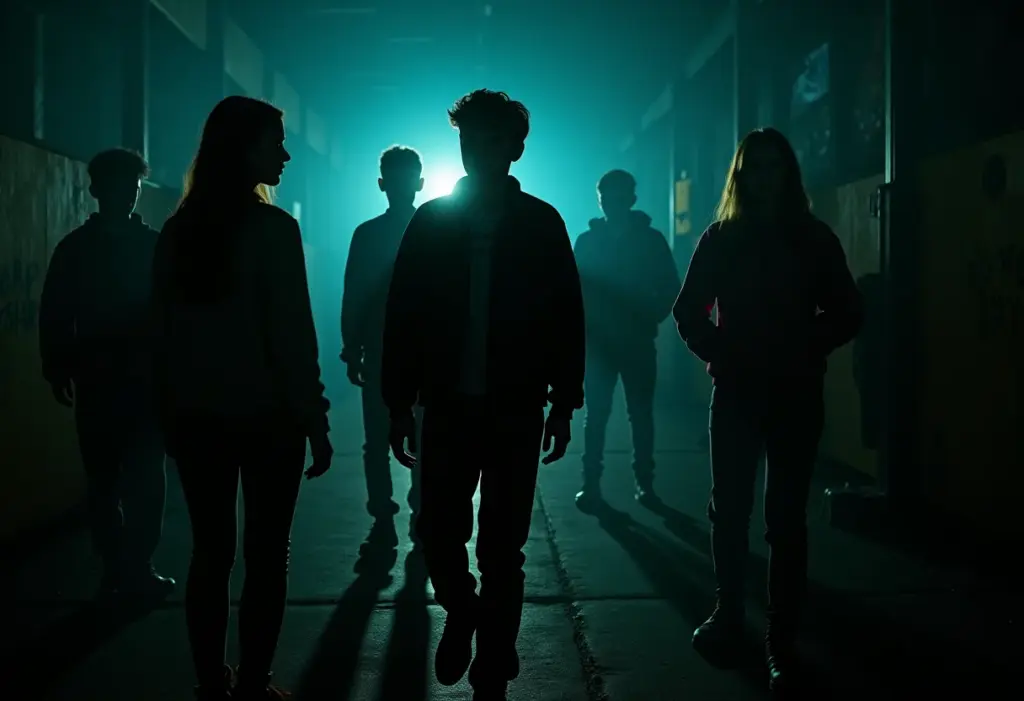 Grupo de amigos estilo Scooby-Doo explorando parque de diversões assombrado à noite