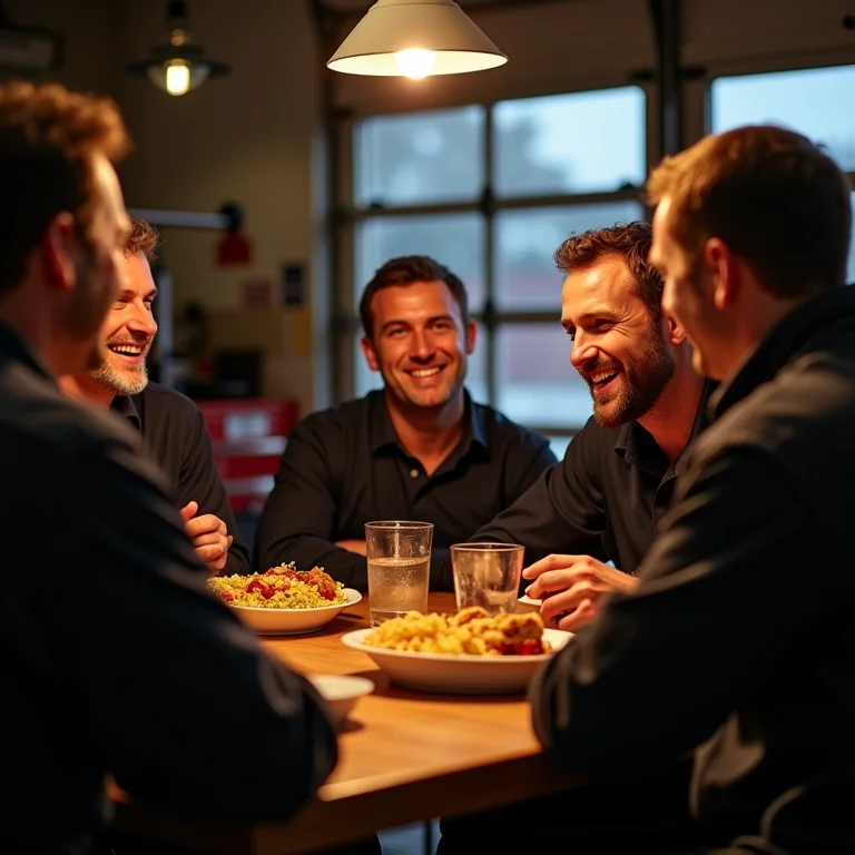 Grupo diverso de bombeiros rindo e compartilhando refeição