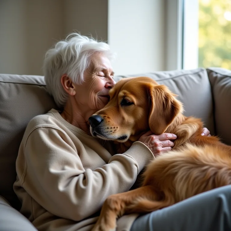 Idosa abraçando golden retriever idoso no sofá