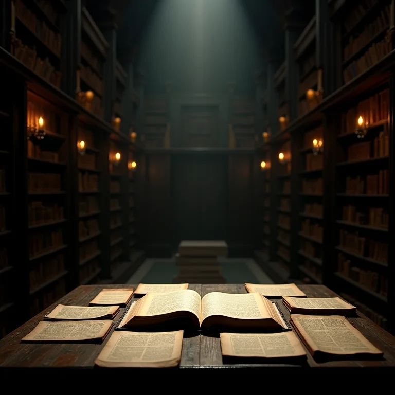 Interior da biblioteca escura do filme 'O Nome da Rosa'