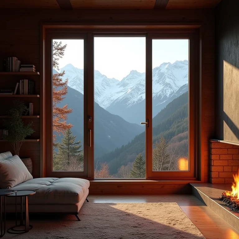 Interior de cabana aconchegante com lareira e vista para as montanhas