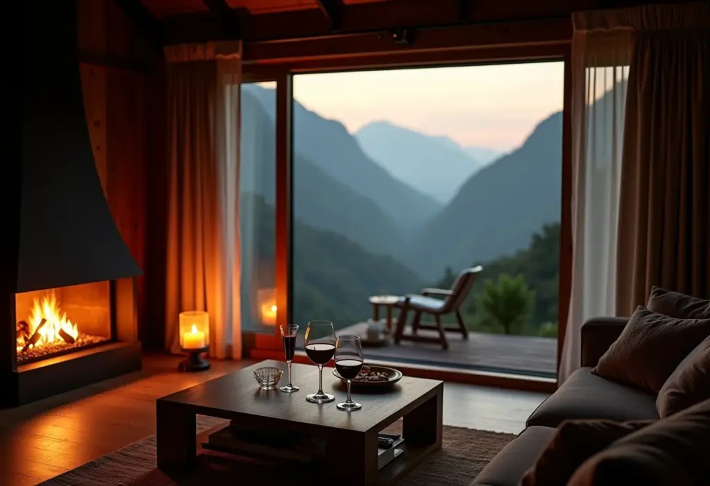 Interior de cabana aconchegante com vista para as montanhas da Serra Gaúcha