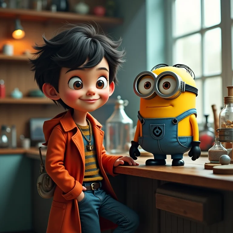 Jovem Gru em um laboratório com um Minion, cercados por invenções.