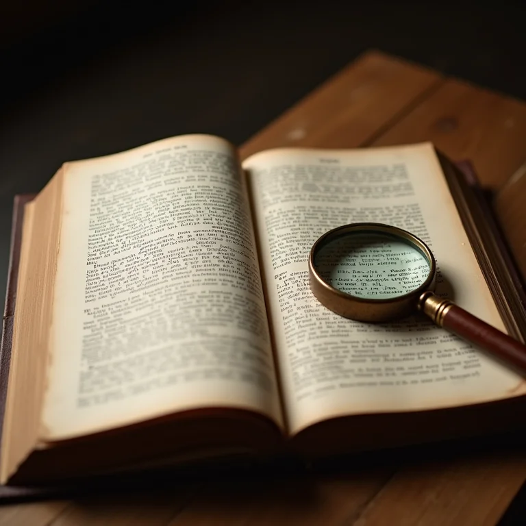 Livro antigo aberto com lupa