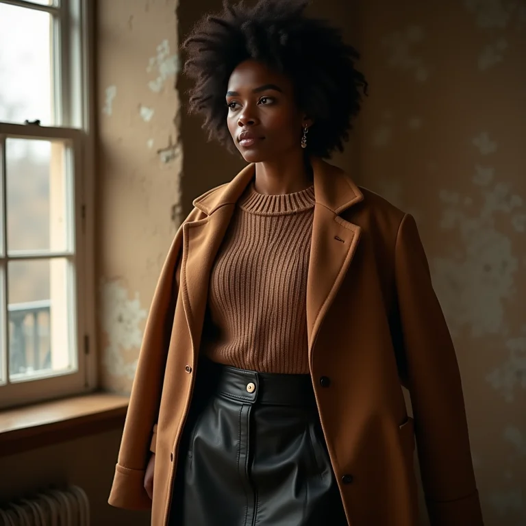 Look confortável e fashion com saia de couro midi, tricô e casaco oversized