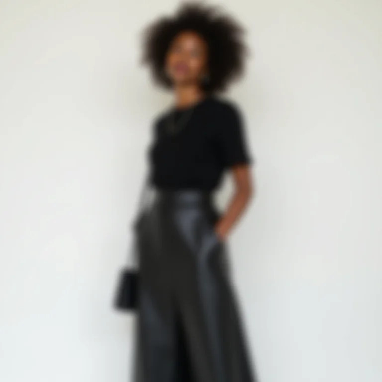 Look monocromático com saia de couro midi para alongar a silhueta