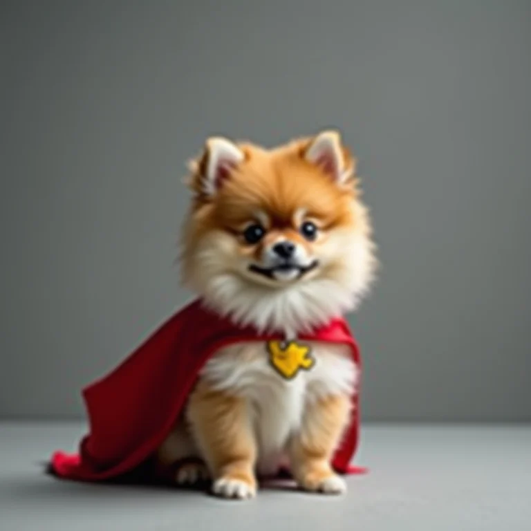 Lulu da Pomerânia com capa de super-herói