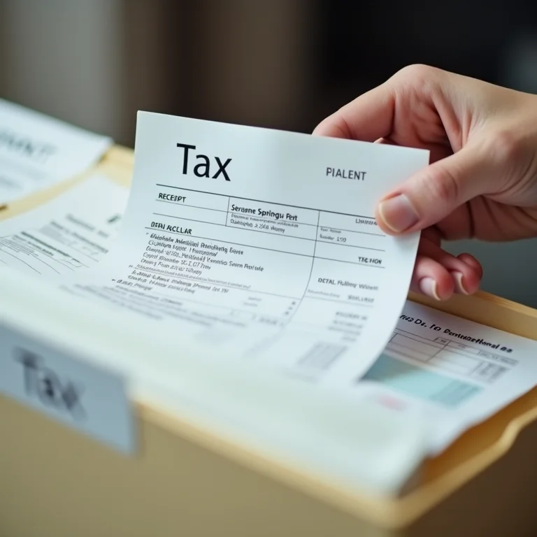 Mão organizando recibos em uma pasta de arquivo.
