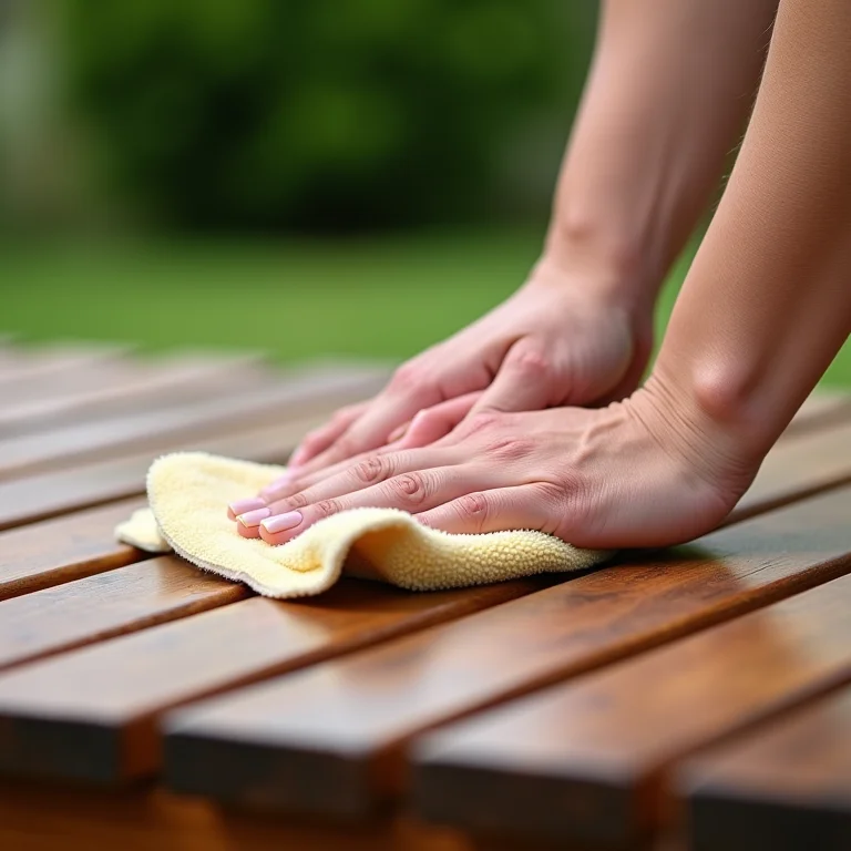 Mãos limpando mesa de jardim de madeira com pano macio.