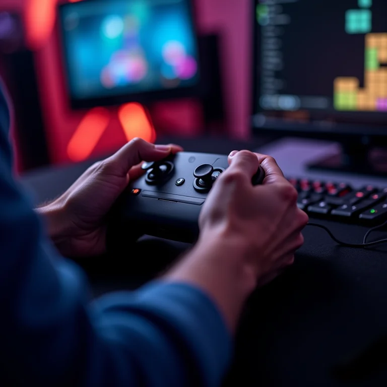 Mãos manuseando um controle de Tetris durante um campeonato.