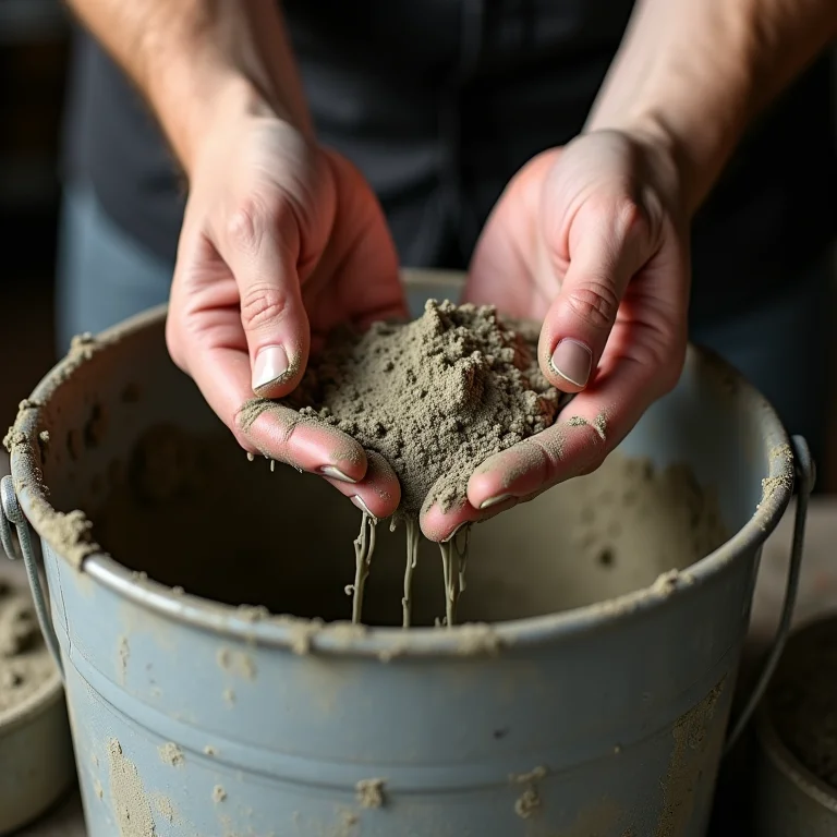 Mãos misturando cimento em balde de metal