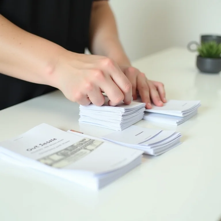 Mãos separando contas e recibos em pilhas