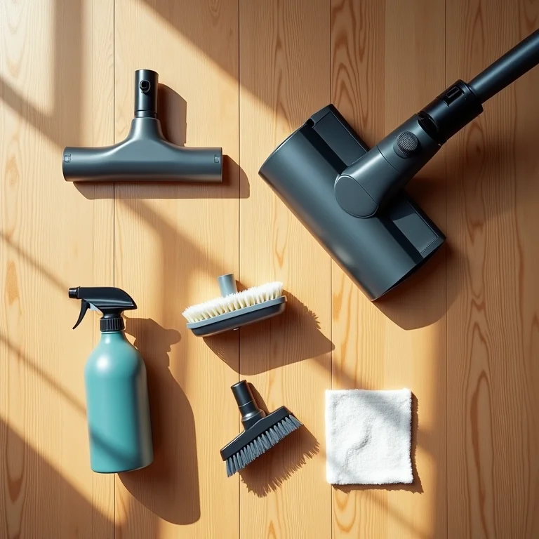 Materiais de limpeza para tapete felpudo organizados em um flat lay