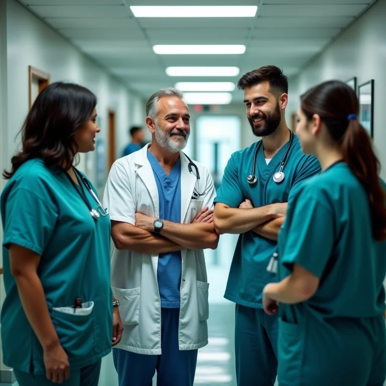 Médicos e bombeiros interagindo em um hospital