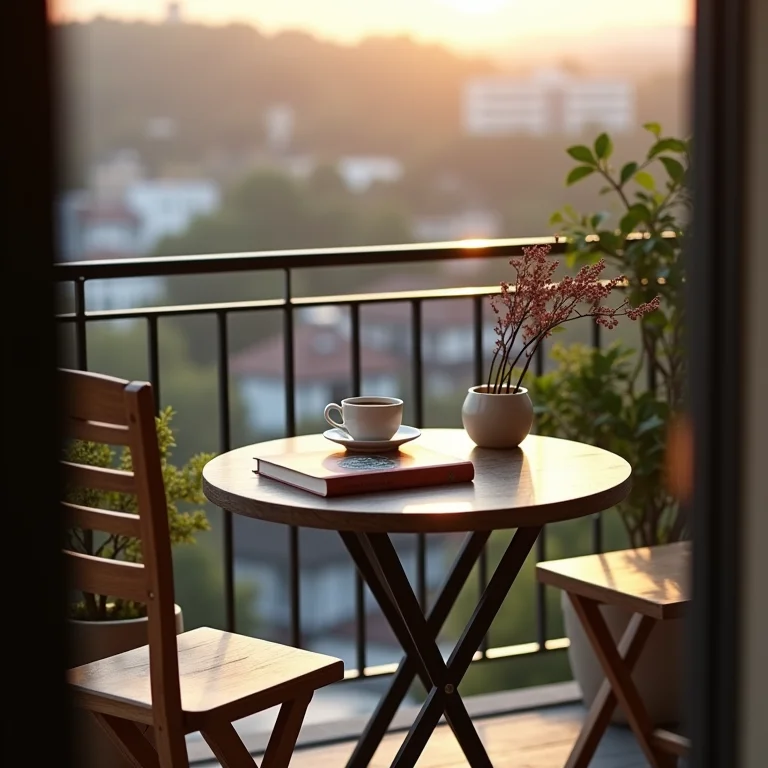 Mesa bistrô redonda em varanda com xícara de café e livro.