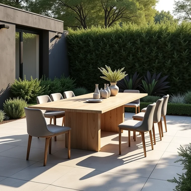 Mesa de jantar moderna para jardim com design minimalista.