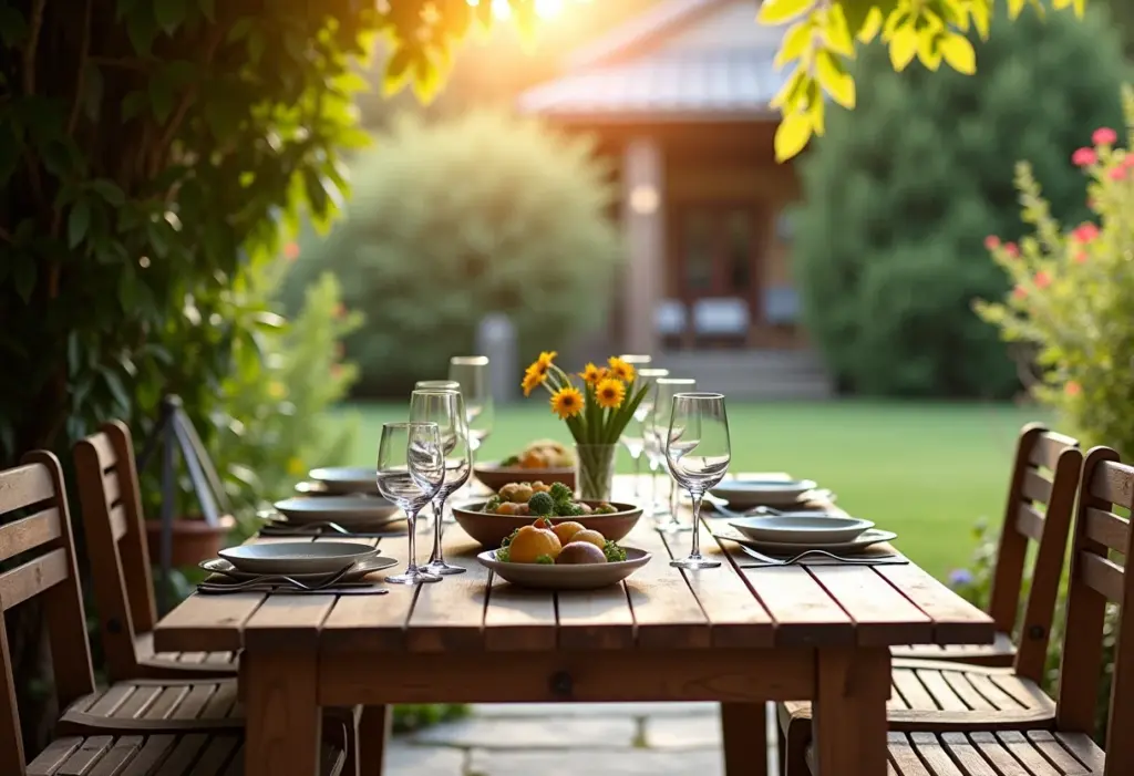 Mesa de jardim de madeira com louças e decoração elegante em área externa verde.