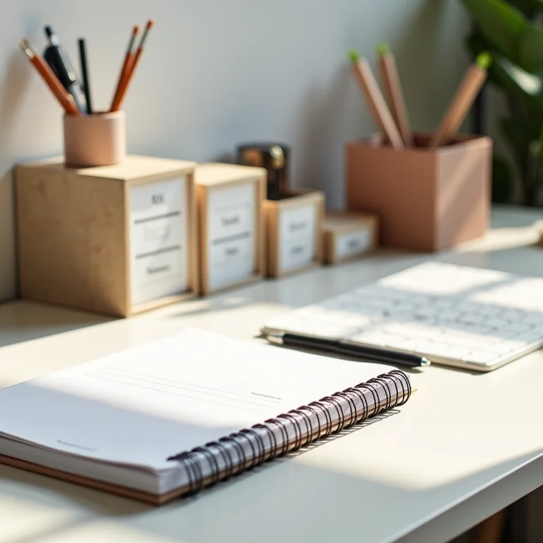 Mesa organizada com ferramentas de organização.