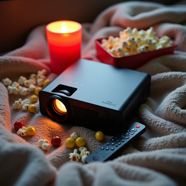 Mini projetor com pipoca e doces em flat lay