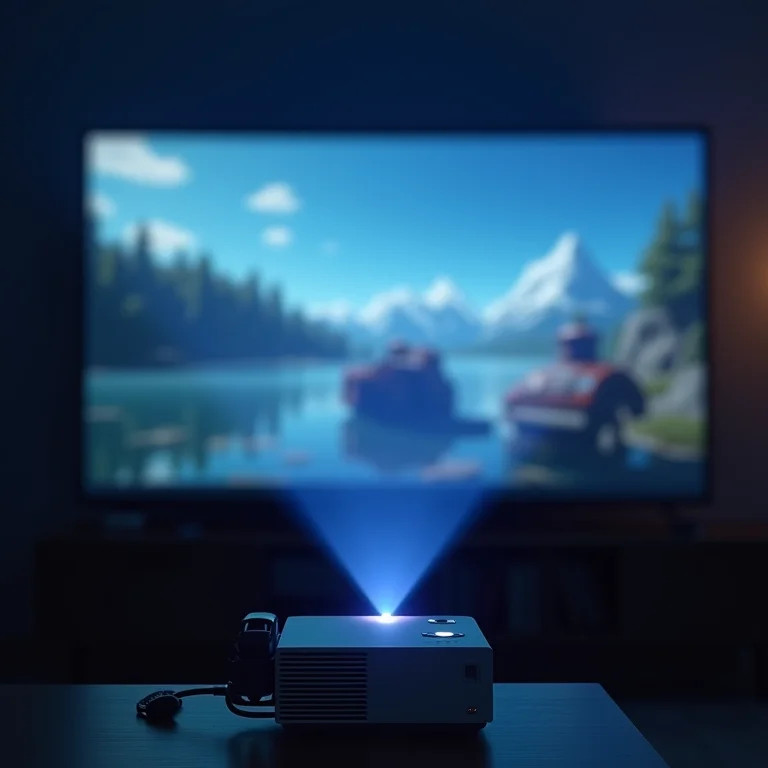 Mini projetor portátil exibindo jogo de videogame em tela grande