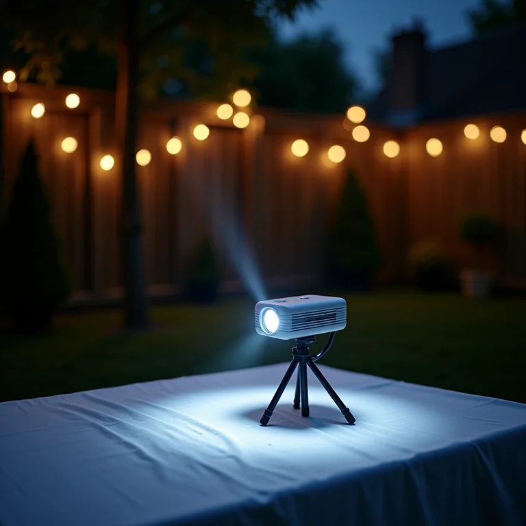 Mini projetor portátil sendo usado ao ar livre em um quintal
