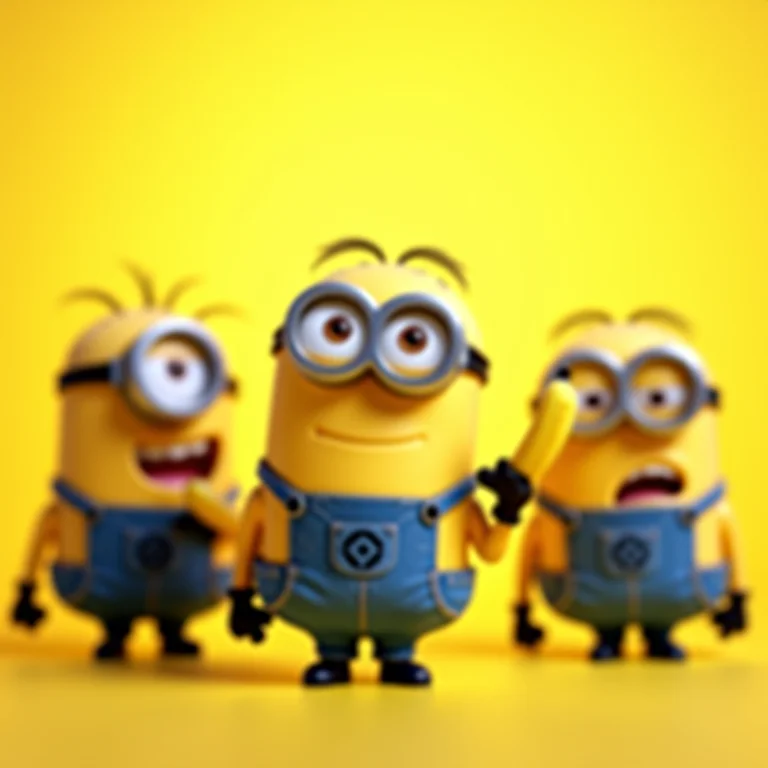 Minions reunidos, trajando seus macacões azuis e segurando bananas.