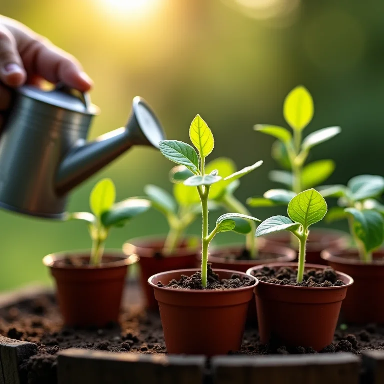 Mudas brotando em pequenos vasos com regador e luvas.