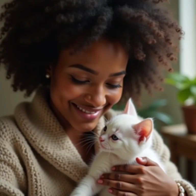 Mulher acariciando gatinha branca em casa