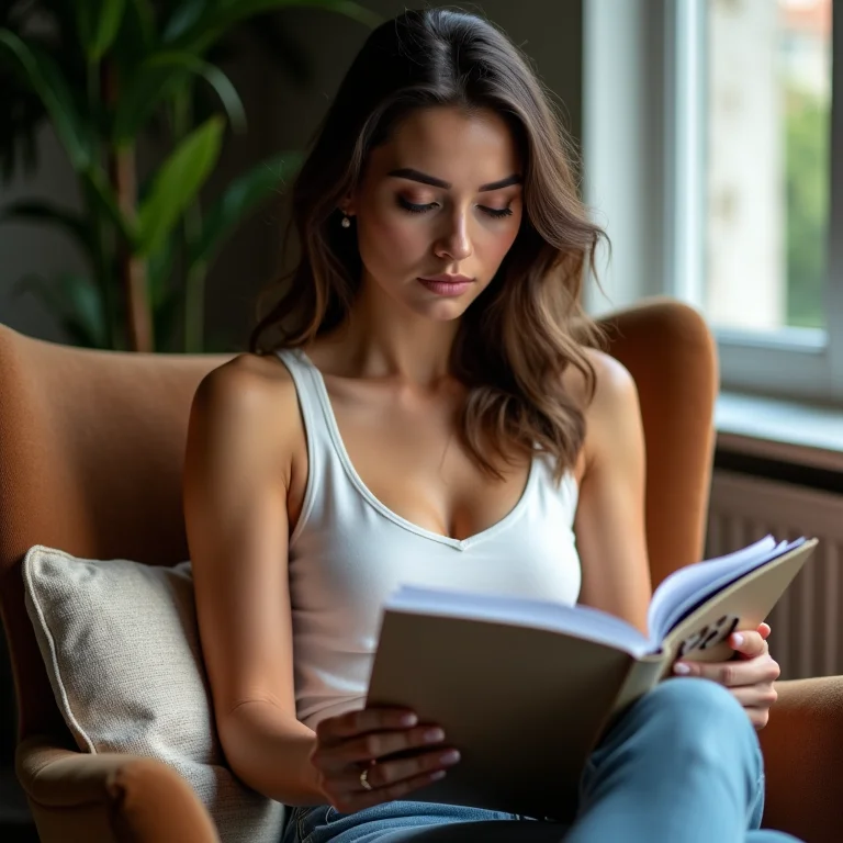 Mulher analisando um catálogo, refletindo sobre as vantagens e desvantagens da revenda.