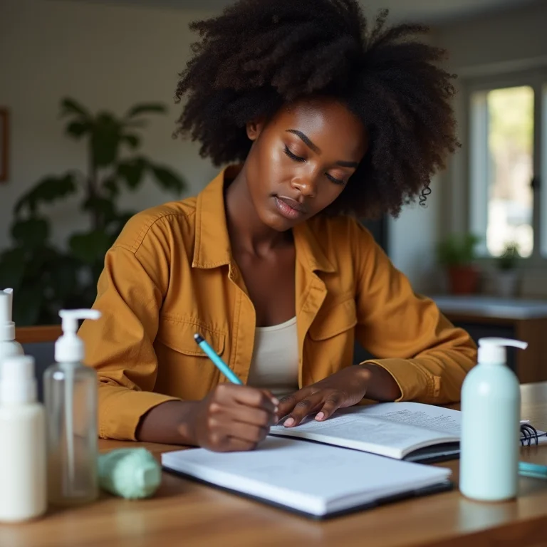 Mulher anota em um planner ao lado de produtos de higiene pessoal, representando controle de consumo.